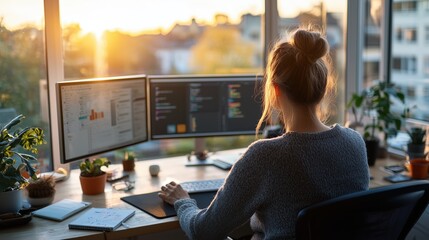 Fototapete - Young Professional Working on Computer in Cozy Home Office with Sunset View and Indoor Plants, Focusing on Coding and Data Analysis Tasks