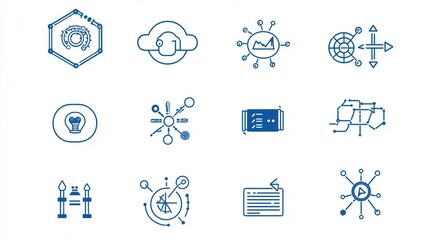 Poster - A collection of minimalist outline icons representing various aspects of intelligence including data analytics cloud computing algorithms automation and digital transformation