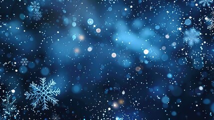 Dark blue background with falling snowflakes and bokeh lights. 
