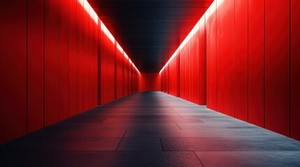 Poster - A long corridor with striking red walls creating a bold and unique atmosphere for modern interior design