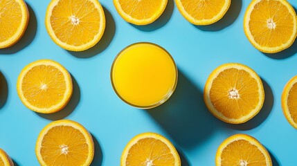 Poster - Overhead view of a glass of orange juice surrounded by orange slices on a blue background. Bright, vibrant colors and a summery feel.
