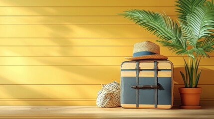Poster - A stylish suitcase and elegant hat placed on a rustic wooden table for a cozy and minimalist aesthetic