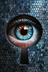 Poster - Through a keyhole on a metallic hexagonal background, an eye with a blue iris and a black pupil in the cyberpunk style is visible. Surrealism