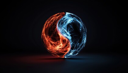 Poster - A glowing sphere combines red and blue elements, symbolizing balance and contrast against a dark background.