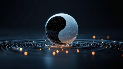 Poster - A yin-yang symbol encased in a glass sphere floats above circular ripples, illuminated by small glowing orbs, evoking balance and harmony in a dark setting.
