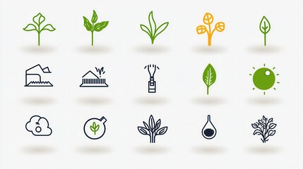 Poster - a collection of 15 unique outline icons representing various elements of soil agriculture and sustai