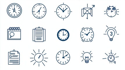 Poster - A collection of outline icons representing various time management and deadline related concepts including clocks calendars schedules and more