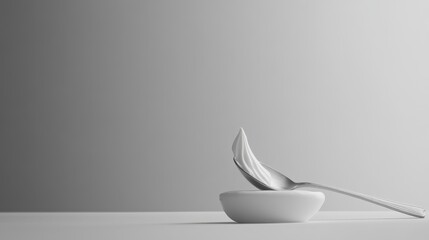 Poster - Close up monochrome photograph of a silver spoon holding a dollop of white cream, resting on a small white bowl against a neutral gray background. The lighting is soft and diffused.