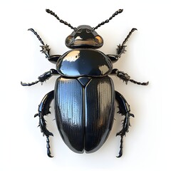 Poster - A detailed close-up shot of a black beetle on white background. The insect's shiny exoskeleton and intricate details are clearly visible. Detailed Animal isolated on white background. Black Beetle