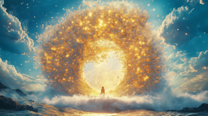 Wall Mural - celestial vision: a person stands facing a breathtaking celestial phenomenon, a luminous vortex of l