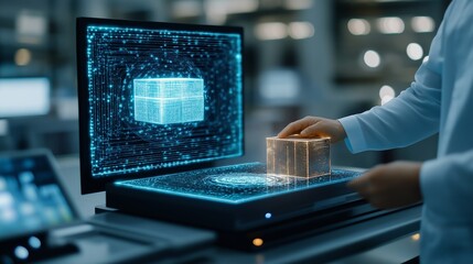 Poster - Futuristic package scanning with holographic technology in a modern workspace