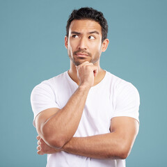 Aufkleber - Man, thinking and idea in studio for decision, planning and problem solving on blue background. Student, person and thought for creative solution, project insight and choice by mock up space