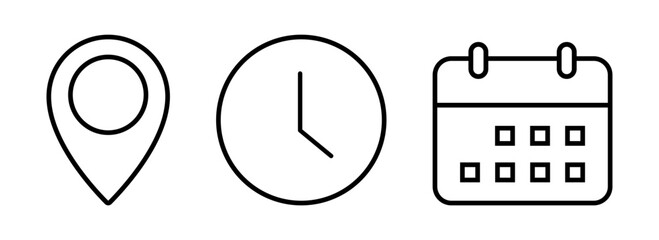 Poster - time, date, and address linear icon. set of event calendar reminder clock business schedule signs, l