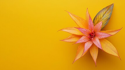 Poster - Yellow background, stylized flower with red and yellow petals, single green leaf, flat lay, top view.