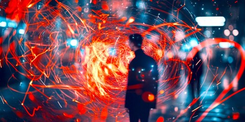 Poster - A mesmerizing figure stands in a vibrant city scene filled with colorful light trails around them. The image captures a modern, artistic style emphasizing motion and energy. AI