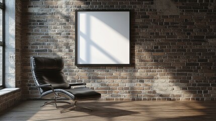 Poster - modern black leather lounge chair in a sunlit industrial loft interior with a large blank framed pos