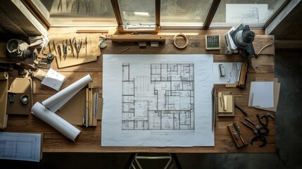 Poster - A birds-eye view of an architects workspace, featuring blueprints, measuring tools, and drafting instruments