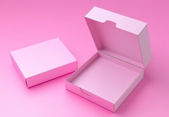 Poster - Two pale pink square cardboard boxes on a pink background, one open and one closed. Simple product packaging mockup.