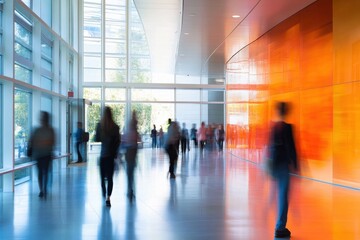 Poster - People walking through a modern hall with large glass windows and vibrant orange wall design during the day