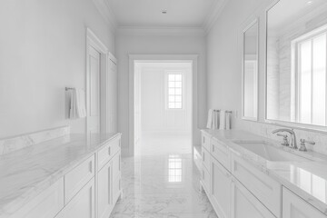 Poster - Elegant white bathroom with marble surfaces and natural light in a modern home