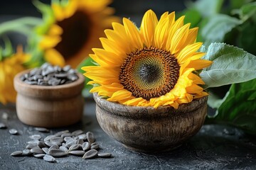 Poster - Sunflower arrangement with seeds in wooden bowls on dark table surrounded by greenery during soft afternoon light