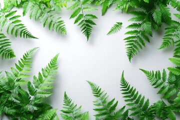 Poster - Lush green fern leaves arranged symmetrically on a clean white background for natural aesthetic appeal