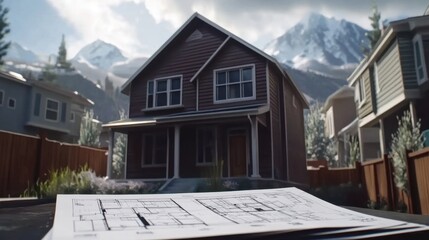 Poster - A neatly arranged stack of blueprints on a table, featuring house plans and elevation drawings