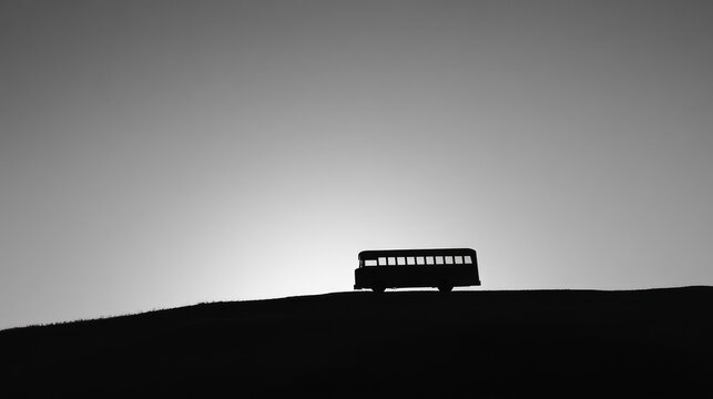 A black-and-white minimalist school bus silhouette against a gradient sky.