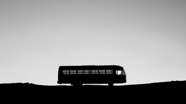 A black-and-white minimalist school bus silhouette against a gradient sky.