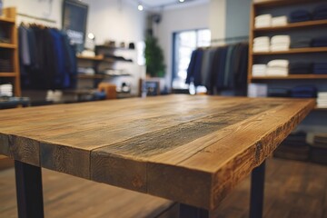 Poster - Rustic wooden table in a clothing store displays merchandise in a stylish interior setting with shelves and modern decor