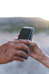 Poster - Closeup, people and hands with smartphone for connectivity, data sync and communication. Outdoor, share network and family with mobile for application, download software and cellphone for pair