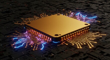 Poster - Golden Microchip: Advanced Technology and Futuristic Circuitry Design