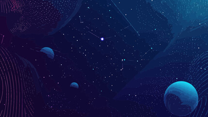 Poster - Virtual Reality Starry Sky with Planets and Constellations in Abstract Space, Minimalist Technology Vector Illustration for Futuristic and Digital Concepts