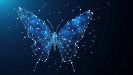 Poster - Low Poly Butterfly in Starry Sky: Polygonal Wireframe Digital Art with Light Connections, Minimalist Technology Concept Vector