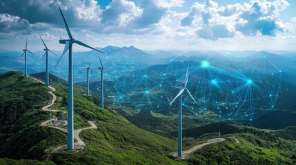 Poster - A conceptual futuristic wind farm with AI-controlled turbines and a digital data stream representing energy flow.