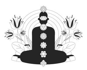 Poster - Chakras energy balance and spiritual alignment line illustration concept. Enlightenment yoga. Rainbow silhouette of meditating figure outline 2D character isolated. Ink linear drawing vector art