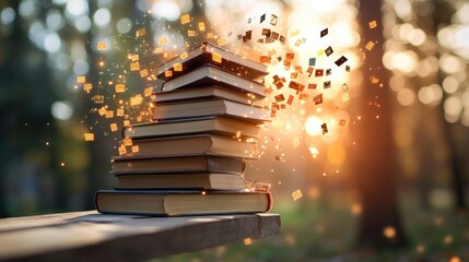 Poster - A floating stack of books turning into glowing pixels, symbolizing digital education. No people.