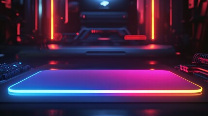 Poster - Neon Tech: Captivating neon lights illuminate a sleek tech setup. A keyboard, mouse, and digital tablet come together, set against a darkened background.