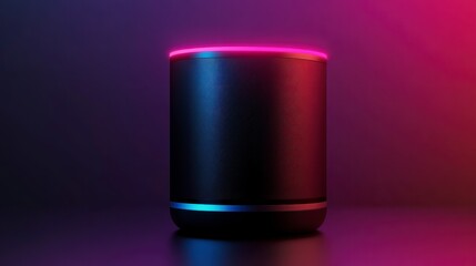 Poster - Smart Speaker in Neon Light: A sleek, modern smart speaker glows with vibrant neon lights, casting a futuristic ambiance in a studio setting.