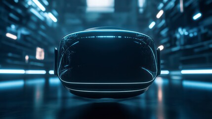 Poster - VR Headset in Futuristic Tunnel: A sleek, modern VR headset, illuminated with neon blue lights, is positioned in the center of a futuristic tunnel.
