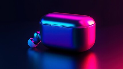 Poster - Neon Audio: A sleek, futuristic close-up view captures the modern wireless earbuds and charging case. The earbuds are presented under dramatic neon lighting.