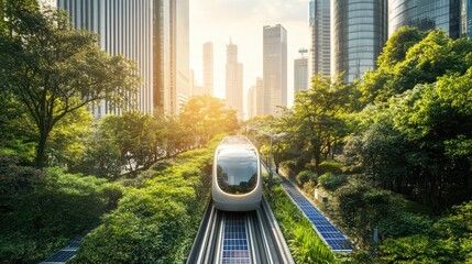 Poster - A futuristic electric bus moving through a smart city with solar-powered streetlights, symbolizing sustainable transportation and clean energy.