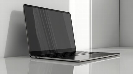 Poster - Modern Laptop's Elegant Minimalism: A sleek laptop computer sits, its screen a dark canvas against a backdrop of clean, light-filled space, exuding an aura of sophistication and productivity.