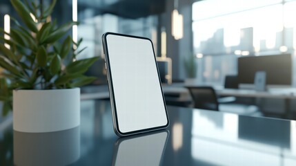 Poster - Tech Hub: A sleek digital tablet with a blank screen takes center stage on a modern office desk, offering a glimpse into innovation, alongside a green plant in the background.