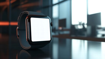 Poster - Smartwatch Tech: A sleek and modern smartwatch with a blank screen, resting on a reflective surface, set against the backdrop of a blurred office environment.