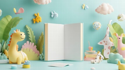 Wall Mural - storybook world: an open book sits center stage in a whimsical world of soft pastel colors, surround