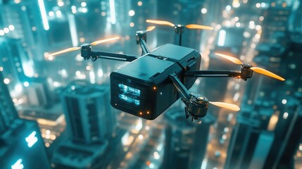 Poster - A hydrogen-powered drone delivering cargo in an urban environment, highlighting the future of logistics.