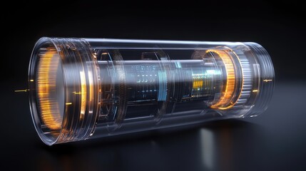 Poster - A transparent D render of a hydrogen fuel cell stack with futuristic digital elements and efficiency indicators.