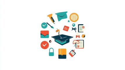 Poster - Flat-style education icons arranged in a circular flowchart, representing academic progress. No people.