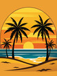 © Pixel Art - Minimalist Beach Scene at Sunset Illustration vector